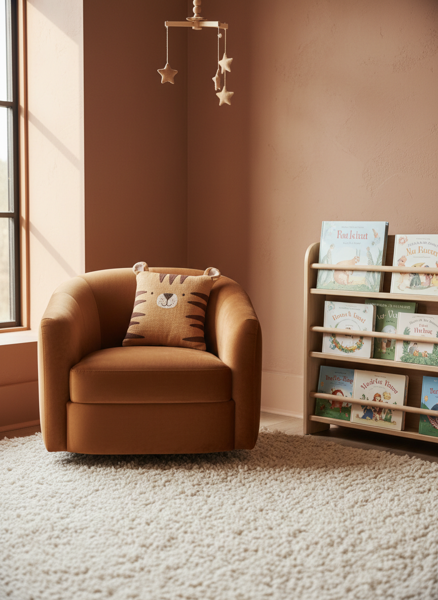 A cozy reading corner designed for tiny learners, shown in clean photographic detail. A child-sized, caramel-colored velvet armchair with rounded edges sits slightly off-center on a plush, cream wool rug. Beside it, a slim natural-wood bookshelf displays front-facing, pastel-colored picture books, their covers soft and whimsical. A small, fabric tiger cushion with hand-stitched stripes rests against the chair. Warm afternoon light filters through a nearby window, creating a gentle glow on the textured wall painted a muted terracotta. A minimalist mobile with wooden stars hangs overhead, softly out of focus. Captured from a slightly elevated, three-quarter angle using the rule of thirds, the image feels calm, nurturing, and quietly luxurious, perfect for a sophisticated childcare brand.