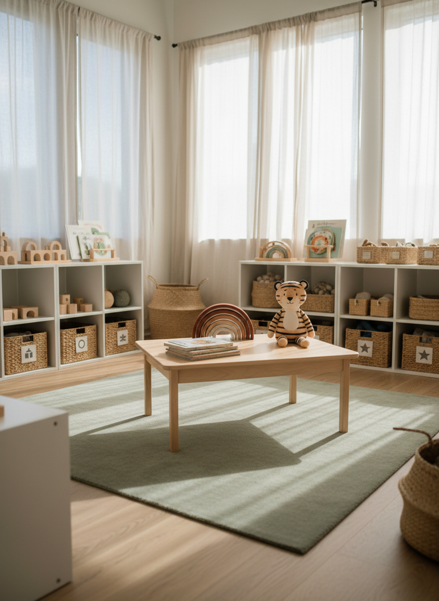 A sunlit childcare playroom filled only with thoughtfully arranged objects, captured in photographic realism. In the center, a low, light-wood activity table holds neatly stacked picture books, a wooden rainbow, and a soft, plush tiger toy with fine embroidered details. Around the room, open white shelving displays wicker baskets labeled with simple icons, each containing wooden blocks, fabric balls, and sensory toys. Large windows with sheer linen curtains allow gentle morning light to pour in, casting soft shadows on a pale oak floor and a muted sage play rug. Shot at eye level with a slightly wide angle, the composition feels airy, sophisticated, and impeccably tidy, with a shallow depth of field subtly blurring the far corners to create an inviting, nurturing atmosphere.