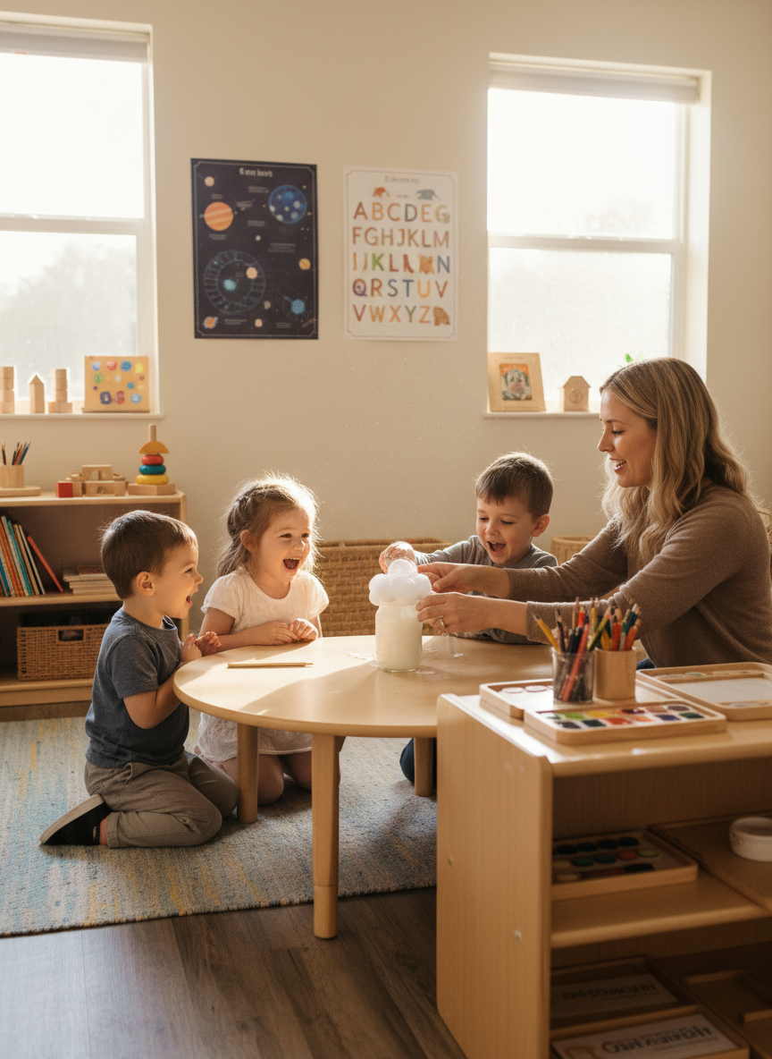 Photographic image of preschool-age children in a bright, cozy classroom gathered around a low table doing a simple science project, such as mixing colors in clear cups or observing a baking-soda-and-vinegar volcano. Child-sized wooden furniture, trays of materials neatly arranged, teacher’s hands gently guiding, and children wide-eyed and smiling. Warm natural light from windows, soft neutral walls with a few simple educational posters, and an overall safe, nurturing, playful atmosphere suitable for a small home-based childcare website.
